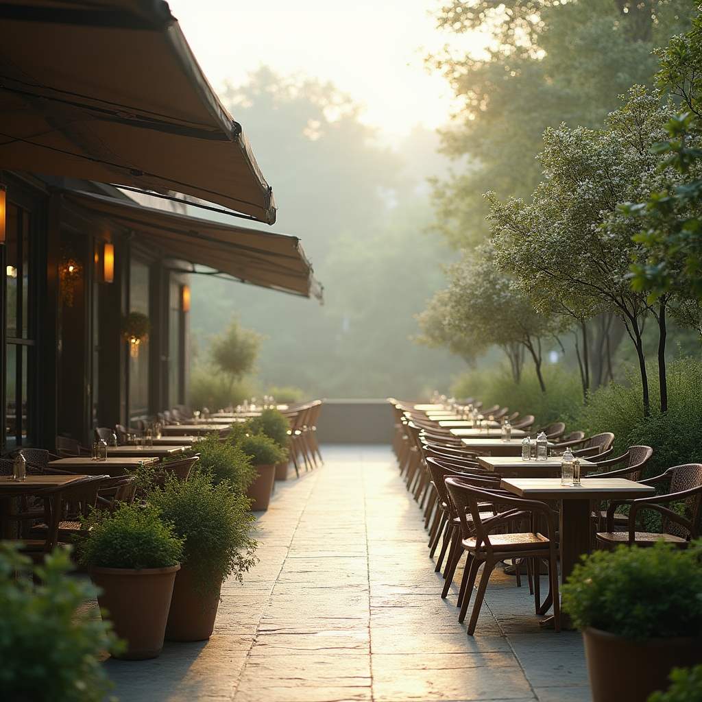 Zahradní terasa restaurace s upravenou zelení a zavlažovacím systémem