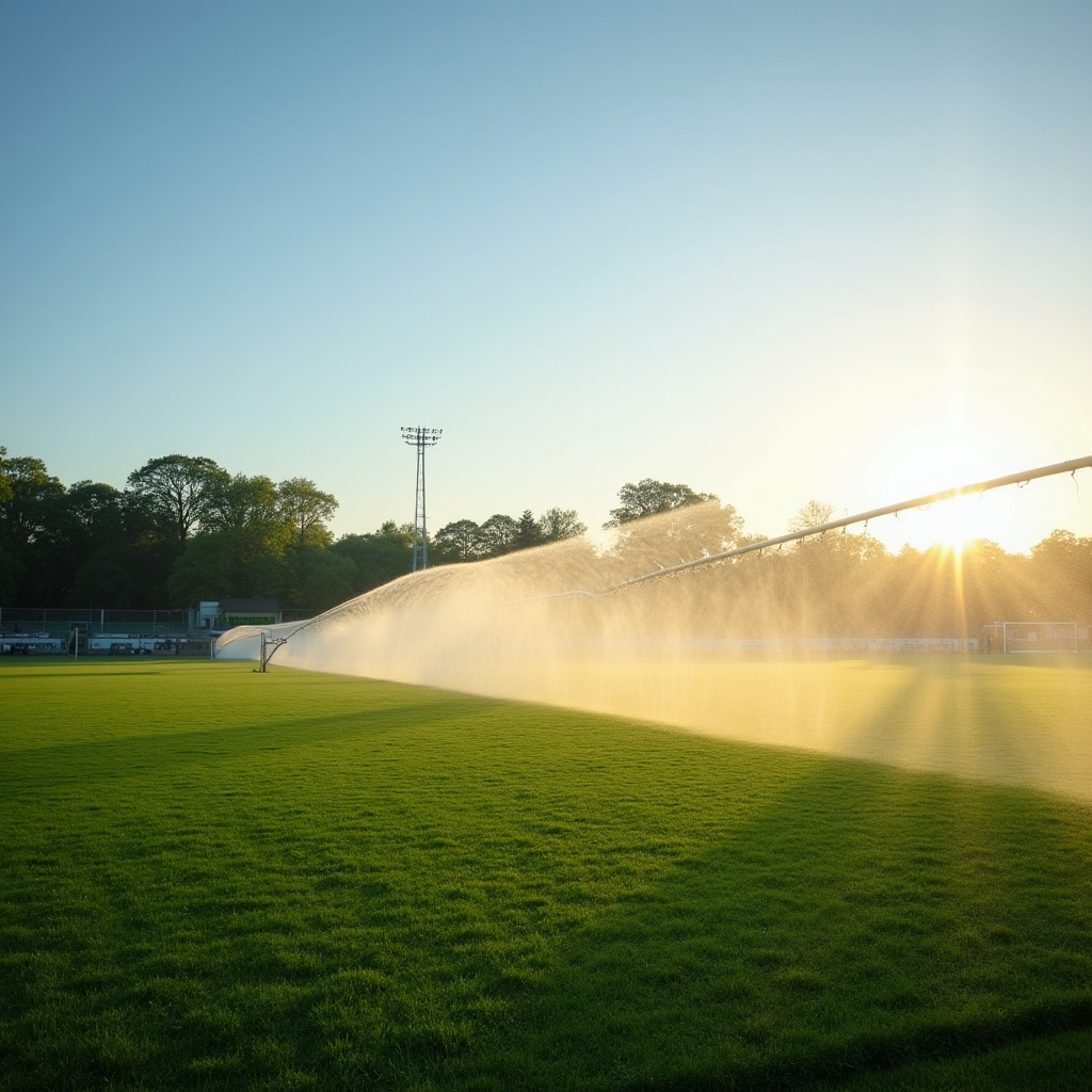 Zavlažovací tryska v provozu na trávníku sportovního hřiště